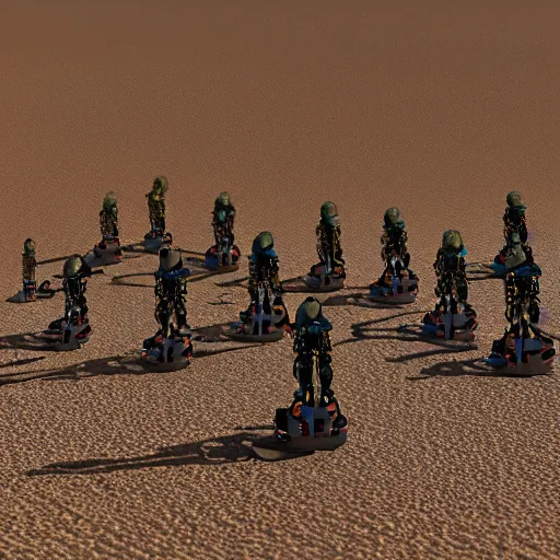 Image similar to army of army of metallic robots in desert, raytracing, 5 5 mm