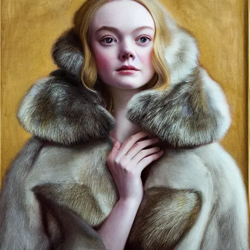 Image similar to Elle Fanning in a fur coat, religious masterpiece portrait, oil on canvas, golden hour, in the world of Andrew Wyeth, artstation, by J. C. Leyendecker and Peter Paul Rubens,