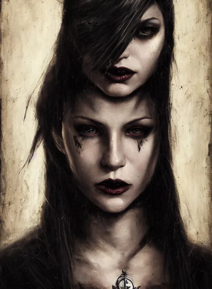 Image similar to a half portrait of a young female vampire sorceress wearing a black leather dress from skyrim, fantasy setting, beautiful face, dark colors, scary lighting, atmospheric, cinematic, moody, in the style of diego koi, gina heyer, luiz escanuela, art by alyssa monk, hyperrealism, rule of thirds, golden ratio, oil on canvas, 8 k