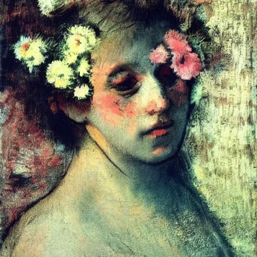 Prompt: Woman , in flowers on her face, Edgar Degas style