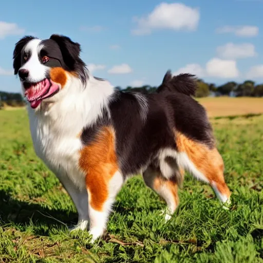 Prompt: australian shepherd with one eyepatch in a field on a sunny day