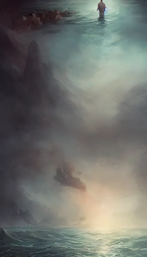 Prompt: man on boat crossing a body of water in hell with creatures in the water, sea of souls, by charlie bowater