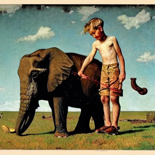 Image similar to a Norman Rockwell painting of a boy and his pet elephant