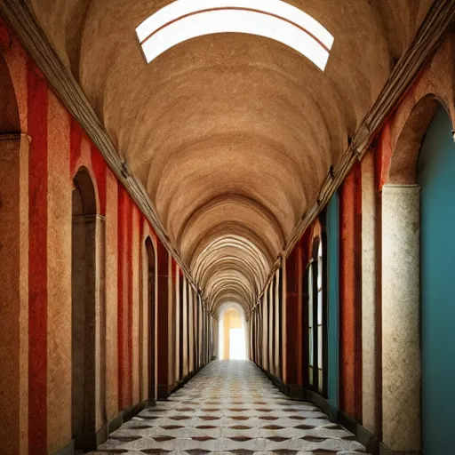 Image similar to a long colorful asylum hallway, arched ceiling, one point perspective, vanishing point, symmetrical composition, rich colors, dramatic lighting, by lee madgwick, photorealistic, v - ray render 8 k uhd