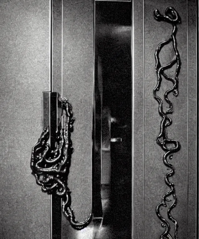 Image similar to horrifying full color photorealistic image of a 1 9 2 5 hotel elevator lobby, elevator doors look like a mouth, with a tentacle - shaped tongue, licking out, dark, atmospheric, brooding, smooth, finely detailed, cinematic, epic, in the style of lee gibbons