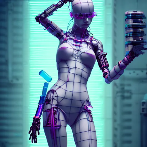 Prompt: cute cyberpunk nurse girl wearing bikini armor holding a digital syringe, a virus nebula, biomechanical limbs, flesh torso, kowloon, symmetrical, photorealistic, daz 3 d, alphonse mucha and moebius and artgerm and greg rutkowski and hajime soriyama, ultra detailed, hyper realistic, octane render, trending on artstation