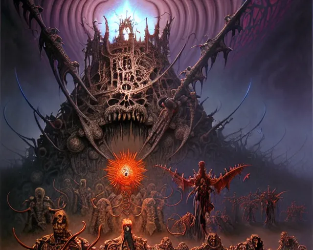 Prompt: the army of darkness and the incarnate of evil, fantasy character portrait made of fractals facing each other, ultra realistic, wide angle, intricate details, the fifth element artifacts, highly detailed by peter mohrbacher, hajime sorayama, wayne barlowe, boris vallejo, aaron horkey, gaston bussiere, craig mullins