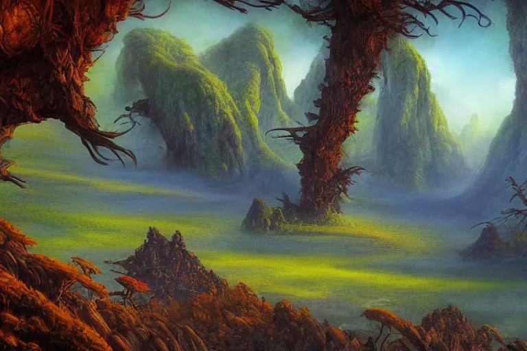 Prompt: digital painting of a foggy lush natural scene on an alien planet by gerald brom. digital render. detailed. beautiful landscape. colourful weird vegetation. cliffs and water.