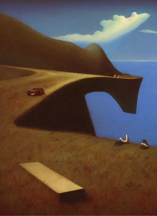 Image similar to Gossamer bridges connect desolate islands abandoned before time, Edward Hopper and James Gilleard, Zdzislaw Beksinski, Mark Ryden, Wolfgang Lettl highly detailed