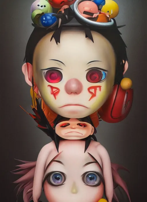 Image similar to a dramatic emotional hyperrealistic pop surrealist oil panting of a sad sobbing kawaii vocaloid figurine caricature with pretty sparkling anime eyes sobbing red in the face ugly crying with tears and snot featured on spitting image by caravaggio made of madballs