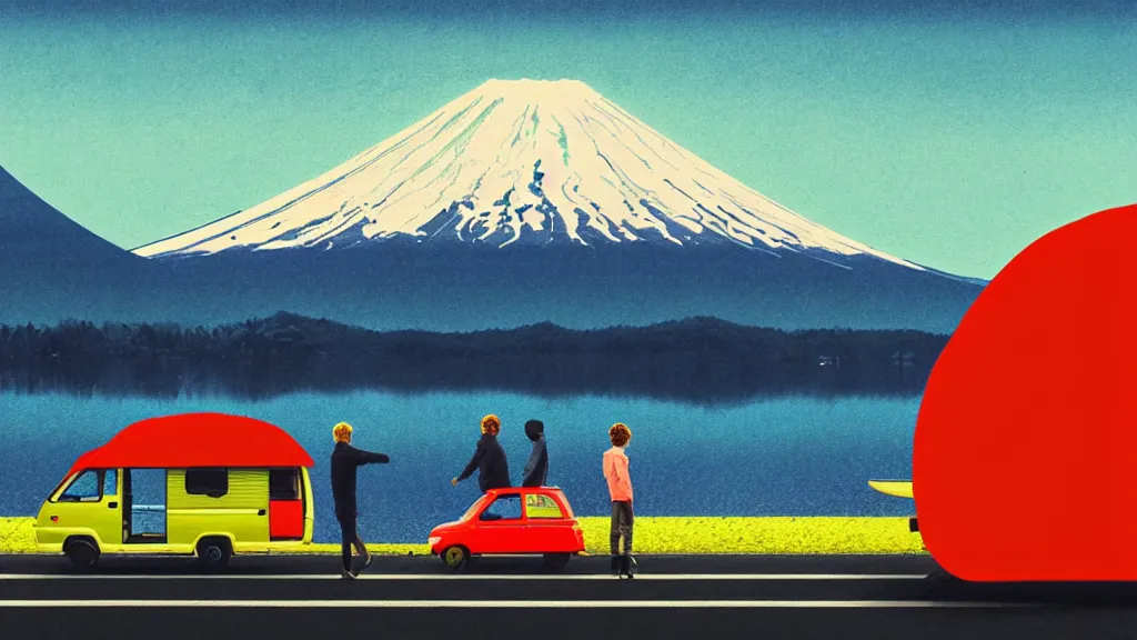 Image similar to a scene of two travellers and their camper touring at the edge of yamanaka lake, reflecting mount fuji, japan, a collage painting, in the style of wes anderson, lola dupre, david hockney, isolated on negative white space background dark monochrome neon spraypaint accents volumetric octane render