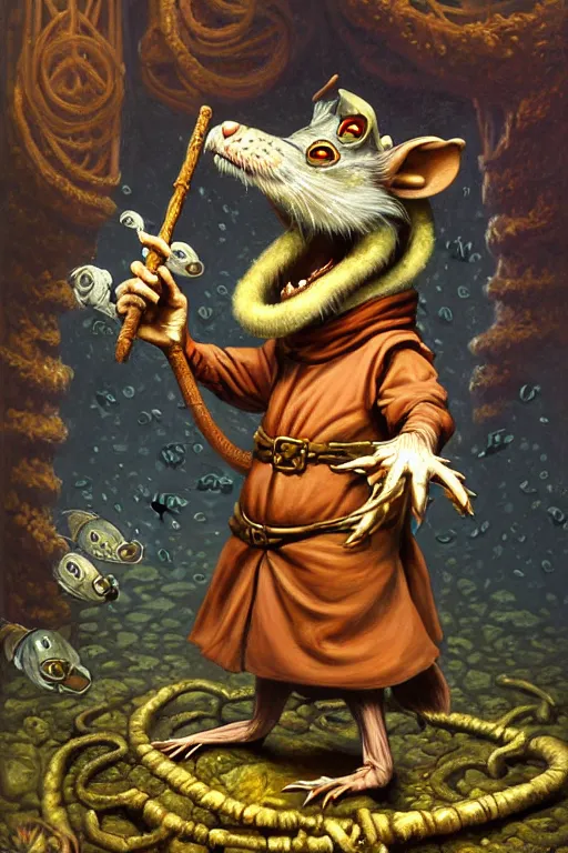 Prompt: classic oil painting, an anthropomorphic bipedal rat that is dressed as a medieval librarian, as a dnd character, standing under the sea, cottagecore, extremely detailed, digital illustration, concept art, smooth, sharp focus, art by paul bonner, and greg hildebrandt, and simon bisley