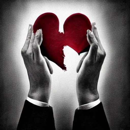 Prompt: hands ripping a heart in two broken pieces, sadness, dark ambiance, an album cover by Godfrey Blow, featured on deviantart, lyco art, artwork, photoillustration, poster art