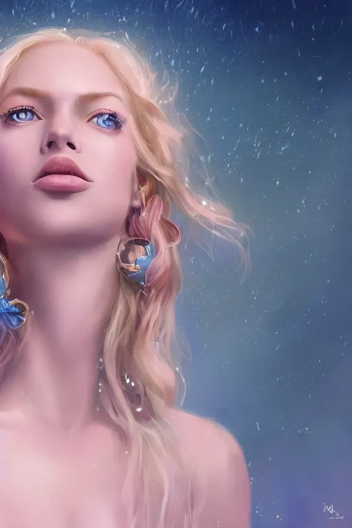 Image similar to detailed portrait of a beautiful blonde haired woman with sparkling blue eyes, elegant, blue cotton dress, background is a fountain in the park, in the style of peter mohrbacher, artgerm, dramatic lighting and composition, pink fog background, octane render, trending on artstation, concept art 8 k