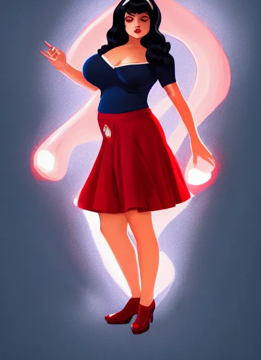 Image similar to full body portrait of teenage veronica lodge, obese, bangs, sultry, realistic, sultry smirk, wavy hair, red skirt, fat, belly, intricate, elegant, glowing lights, highly detailed, digital painting, artstation, concept art, smooth, sharp focus, illustration, art by wlop, mars ravelo and greg rutkowski