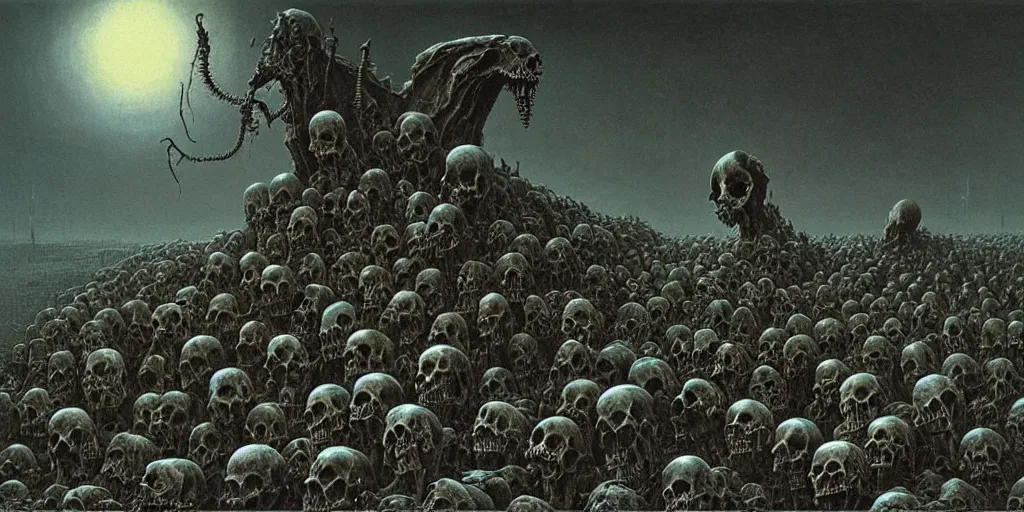 Prompt: wasteland of malformed mammal skulls, Zdzislaw Beksinski, Wayne Barlowe, gothic, cosmic horror, dystopian, biomorphic, lovecraftian, amazing details, cold hue's