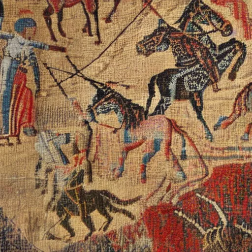 Prompt: highly textured ancient tapestry with a unicorn hunt scene made of threads realistic 15th century, museum