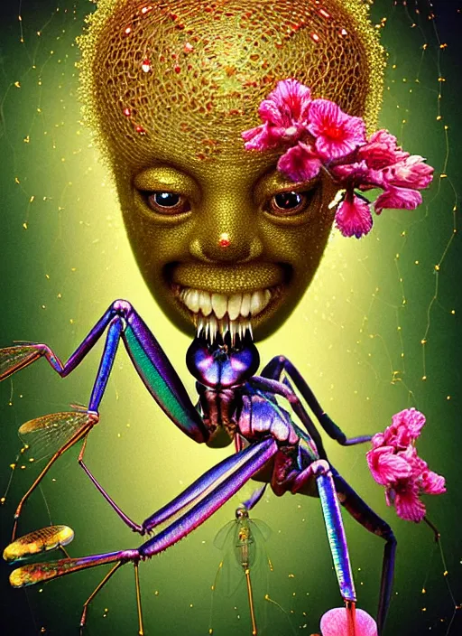 Prompt: hyper detailed 3d render like a Oil painting - kawaii half visceral portrait Aurora (sultry gold haired Singer Praying Mantis Dragonfly) seen Eating of the Strangling network of yellowcake aerochrome and milky Fruit and Her gilded compound eyes delicate Hands hold of gossamer polyp blossoms bring iridescent fungal flowers whose spores black the foolish stars by Jacek Yerka, Mariusz Lewandowski, Houdini algorithmic generative render, Abstract brush strokes, Masterpiece, Edward Hopper and James Gilleard, Zdzislaw Beksinski, Mark Ryden, Wolfgang Lettl, hints of Yayoi Kasuma, octane render, 8k