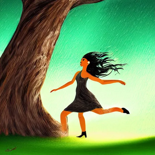 Image similar to illustration of a woman dancing near an old strong tall green persian cypress tree in wind, digital painting, artist farshchian