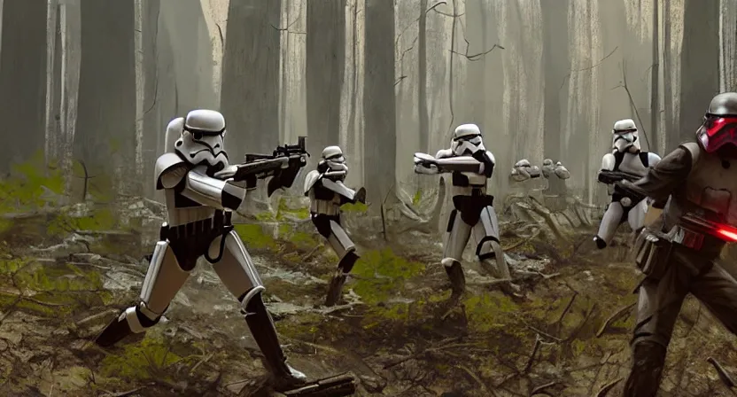 Image similar to stormtroopers shooting red blaster bolts at a young blonde jedi with short hair in a burned lifeless forest with burned trees and plants concept art by Doug Chiang cinematic, realistic painting, high definition, digital art, symmetrical, very detailed, extremely high detail, photo realistic, concept art, unreal engine 5, the Mandalorian concept art style