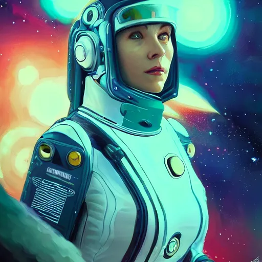 Prompt: colorful character portrait a woman in a space suit among the stars, set in the future 2 1 5 0, highly detailed face, very intricate, symmetrical, cinematic lighting, award - winning, painted by mandy jurgens, pan futurism, dystopian, bold colors, cyberpunk, groovy vibe, anime aesthetic, featured on artstation