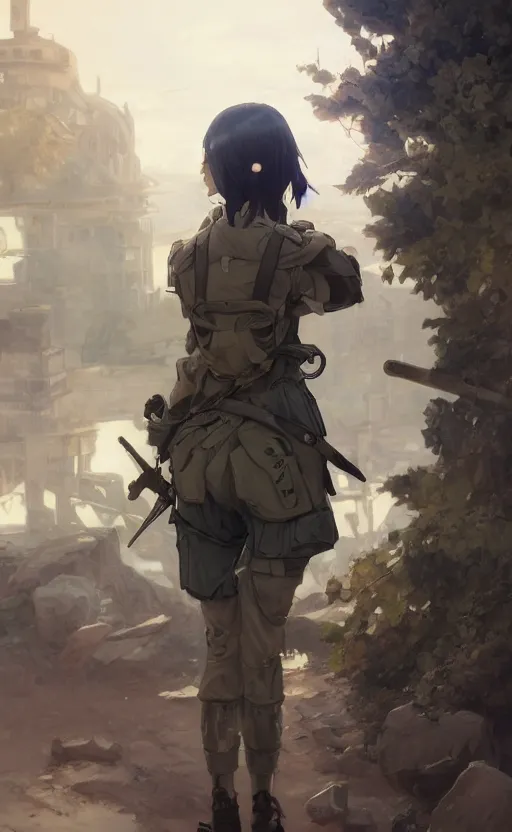 Image similar to panoramic view, a soldier girl, soldier clothing, battlefield in background, anime style, hair down, symmetrical facial features, from arknights, hyper realistic, 4 k, extreme detail, detailed drawing, trending artstation, safebooru, realistic lighting, by alphonse mucha, greg rutkowski, sharp focus