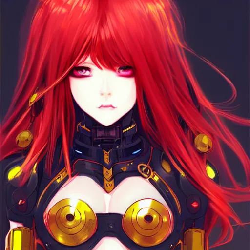 Prompt: cute red armored cyborg - anime girl by ross draws, long gold hair, yellow eyes, extreme high intricate details by wlop, digital anime art, black shadows, stylized shading