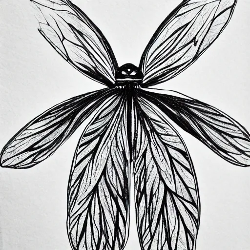 Image similar to fly, black and white, botanical illustration, black ink on white paper, bold lines