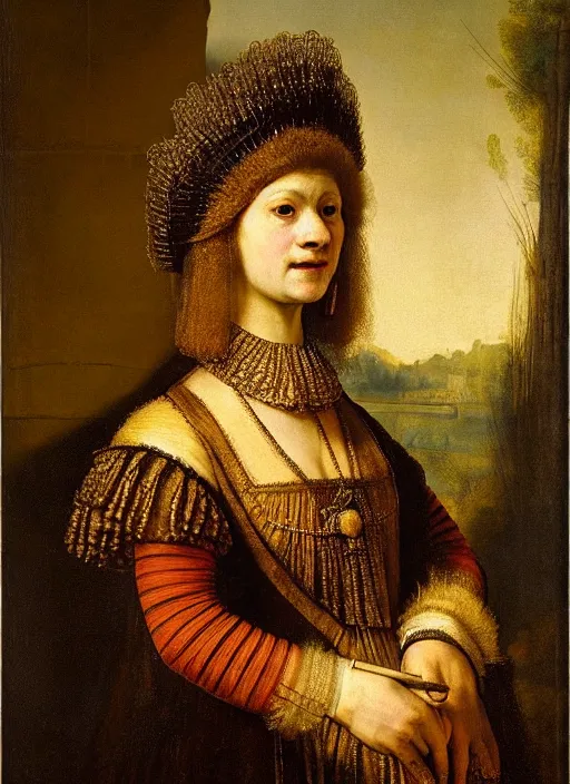 Prompt: portrait of young woman in renaissance dress and renaissance headdress, art by rembrandt van rijn