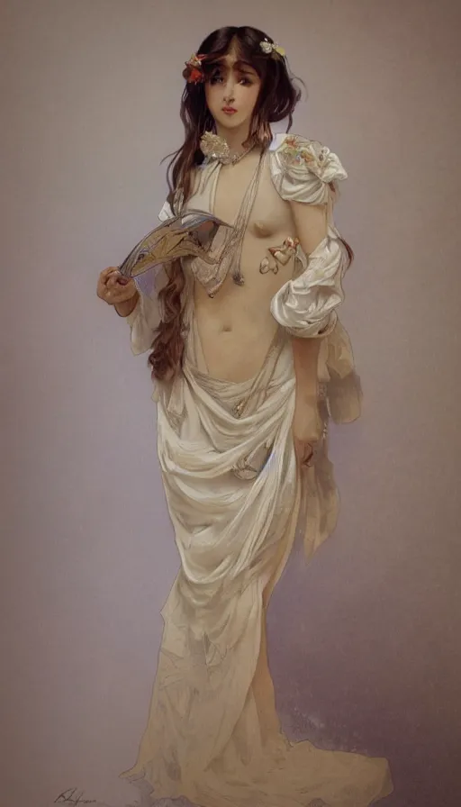 Image similar to elegant, cute girl portrait with open chest white ancient clothes by Alphonse Mucha, and Octane Render