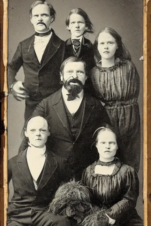 Prompt: mugwump family photo, 1 8 0 0 s, olan mills studio, creepy, scary, laughing, color, grotty, ugly, terrified