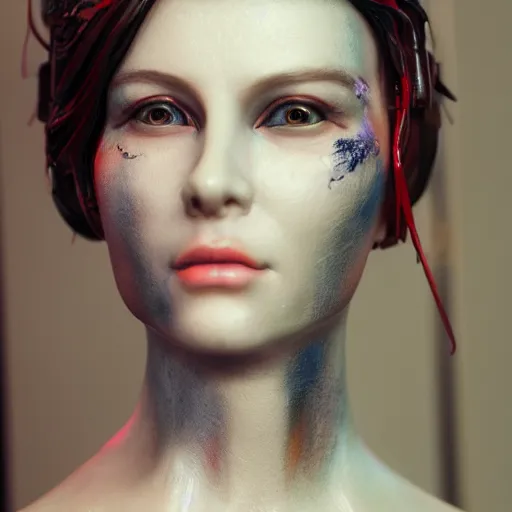 Prompt: ultra realistic painted sculpture of a beautiful cyberpunk woman. waxwork. cinematic makeup. detailed lifelike