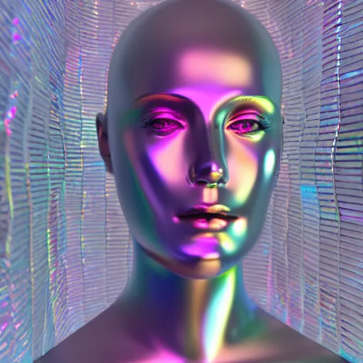 Image similar to 3d render of holographic human robotic head made of glossy iridescent, surrealistic 3d illustration of a human face non-binary, non binary model, 3d model human, cryengine, made of holographic texture, holographic material, holographic rainbow, concept of cyborg and artificial intelligence