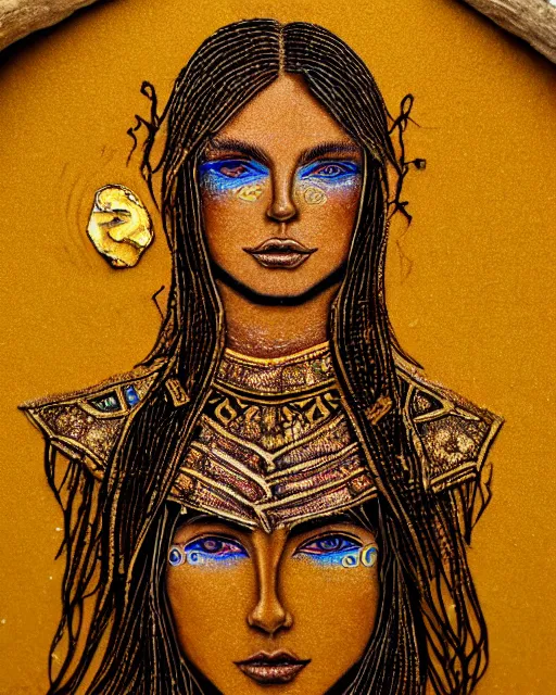 Image similar to sand painting portrait of woman in shining golden armor, high production value, intricate details, high resolution, hdr, high definition, masterpiece, realistic, ultrarealistic, highly detailed, hd, sharp focus, non blurry, sharp, smooth