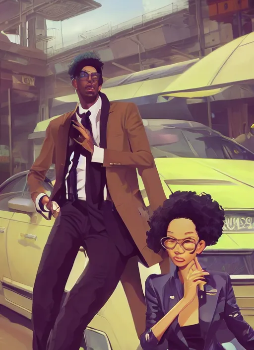 Image similar to afro - futurist hustlers, lavish lifestyle and money, expensive cars, fashionable, jacking the metaverse | hyperrealistic oil painting | by makoto shinkai, ilya kuvshinov, lois van baarle, rossdraws | afrofuturism, in the style of boondocks, trending on artstation | dark color scheme