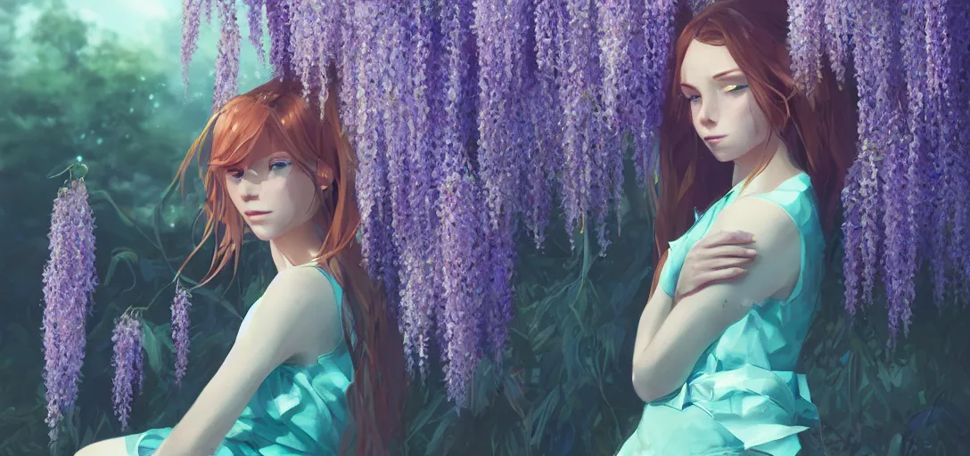 Image similar to a beautiful southern woman named Savannah, innocent, somber turquoise eyes, freckles, long ginger hair tied with white ribbon, sad under a wisteria plant, gentle lighting, storm in the distance, simple dress, digital art by Makoto Shinkai ilya kuvshinov and Wojtek Fus, digital art, concept art,