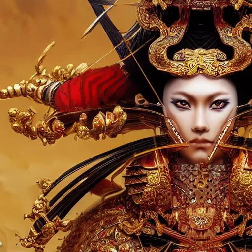 Image similar to a samurai wearing with golden ornaments and diamonds jewelry by alex gray and android jones, karol bak, ayami kojima, amano, concept art, character design, fantasy, 3 d, 8 k resolution