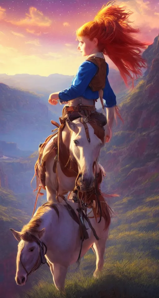 Image similar to a young cowgirl sitting on top of her horse, overlooking a canyon, red hair and blue eyes, stars and galaxies visible in the nightsky, sad and introspective, highly detailed, artstation, stunning, 8 k