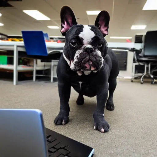 Image similar to a french bull dog working on building his own computer at work