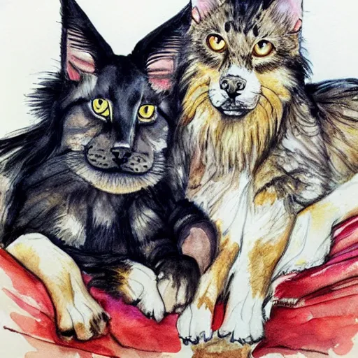 Prompt: Maine coon cat and German Shepherd dog are best friends at nap time, ink under drawing, saturated watercolor, photorealistic