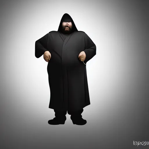 Image similar to fat jedi in epic pose, facing camera, smoke, fog, studio lighting from above, illustration,