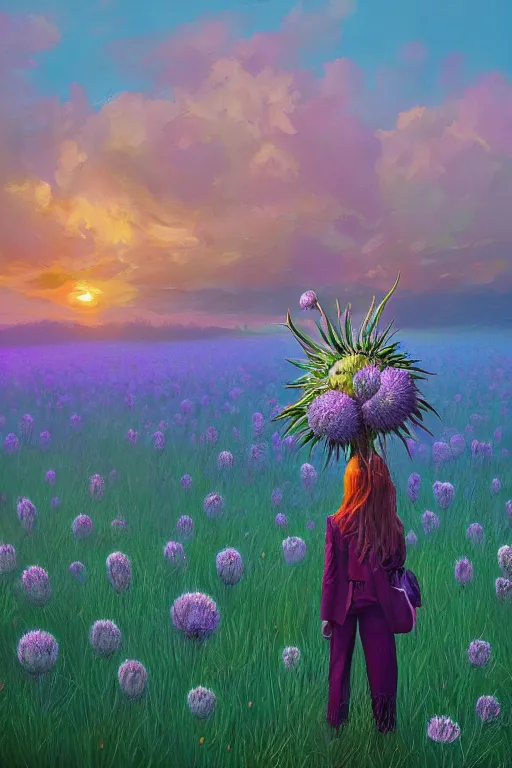 Image similar to portrait, huge thistle flower under head, a girl in a suit in field of flowers, surreal photography, sunrise, blue sky, dramatic light, impressionist painting, digital painting, artstation, simon stalenhag