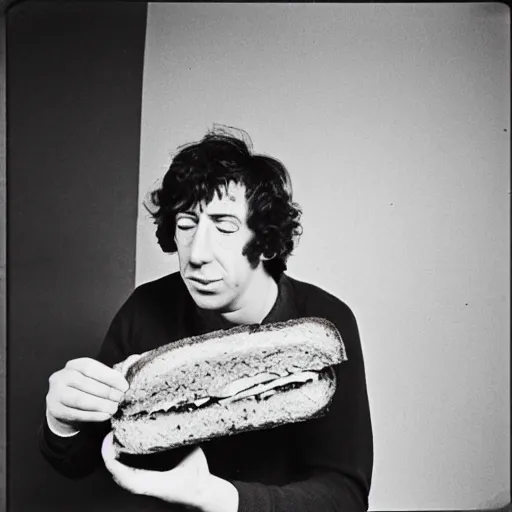 Image similar to bert jansch delightedly holding a sandwich up to the camera, photograph, 1 9 6 9