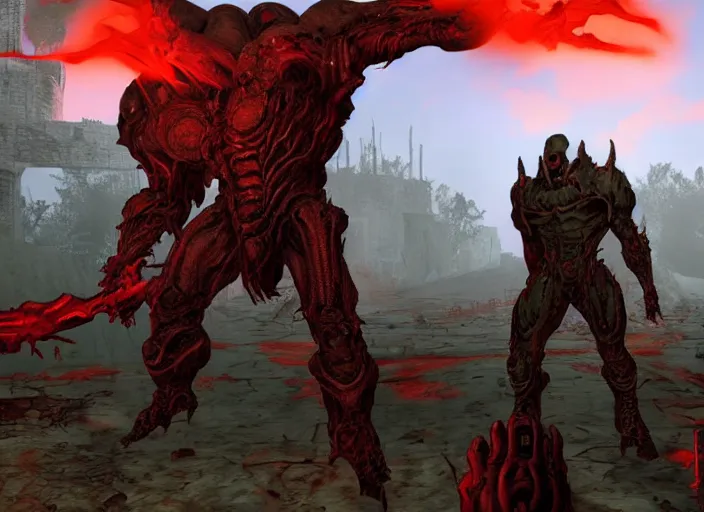 Image similar to ( doom ) screenshot featuring hellknight by kenneth scott in ue 5