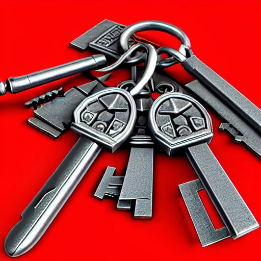 Image similar to a 3d game object of the metal key, very realistic, with large red diamond in it, it is very detailed, on the white background, rpg game inventory item