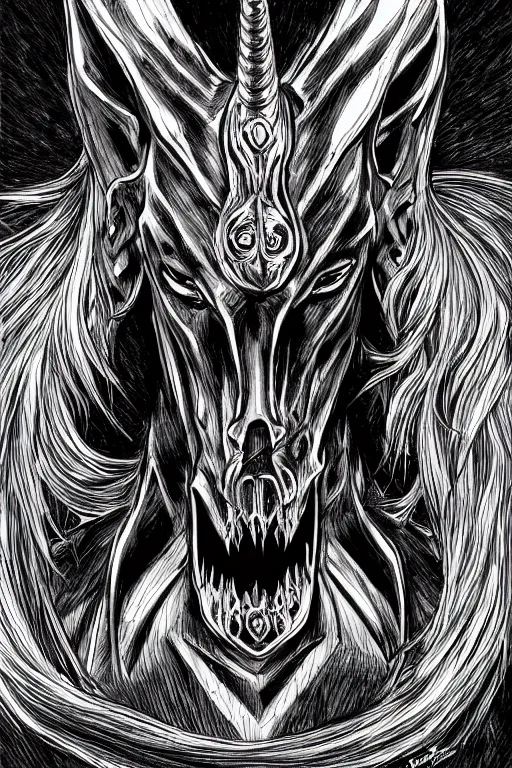 Prompt: a vampire unicorn, symmetrical, highly detailed, digital art, sharp focus, trending on art station, kentaro miura manga art style