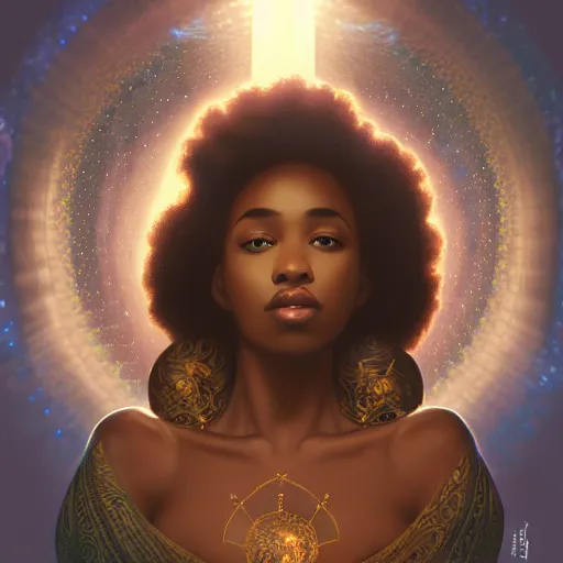 Image similar to black african princess, warm volumetric lighting, cosmic, symmetric, highly detailed, elegant, concept art, heavenly, god rays, glowing aura, intricate, sharp focus, illustration, alexandros pyromallis, bouguereau, rutkowski, artgerm, alphonse mucha