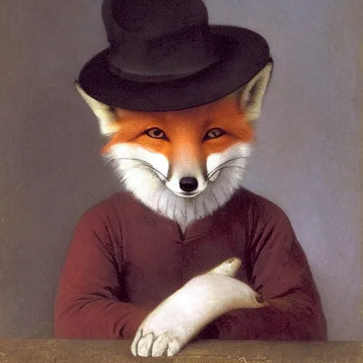 Image similar to A cute fox smiling and wearing a hat, by Robert Cleminson and William-Adolphe Bouguereau