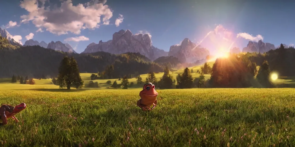 Prompt: a ultra photorealistic and sharp film still of an a sunny and colourful open field in 1 9 1 6 in the middle of the bavarian alps, germany. wide shot, frog perspective, wes anderson, studio ghibli, pixar and disney animation, octane render, anime key art by greg rutkowski, dramatic lighting, award winning photography