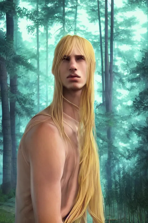 Image similar to pretty young man with long golden blond hair, symmetrical face, demure, slender, lost, trees, detailed forest background, webtoon, breathtaking scenery, colourful, 8 k, graphic novel, digital art trending on artstation, volumetric lighting, octane render, cinematic, hyper detailed, magical atmosphere, magical forest